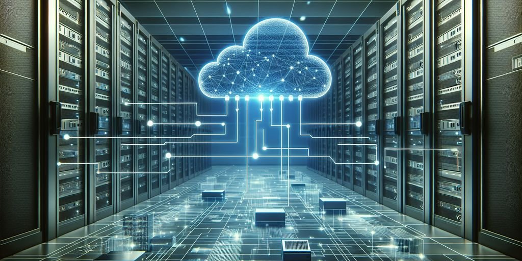 data backup technology illustration, secure cloud storage concept, server room, digital network protection