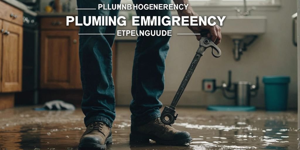 Homeowner with wrench beside leaking pipe and water on floor, text overlay 'Plumbing Emergency Guide'.