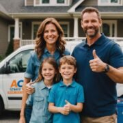 Happy family in front of home with thumbs up, ACME Sewer & Drain Cleaning van in background.