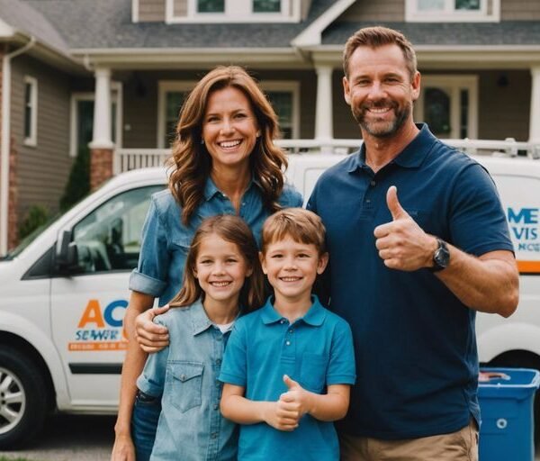 Happy family in front of home with thumbs up, ACME Sewer & Drain Cleaning van in background.