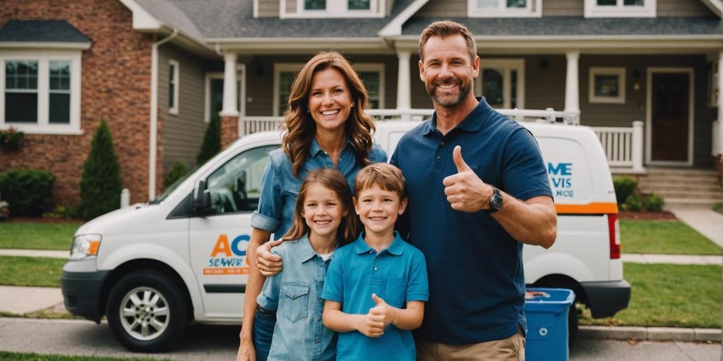 Happy family in front of home with thumbs up, ACME Sewer & Drain Cleaning van in background.