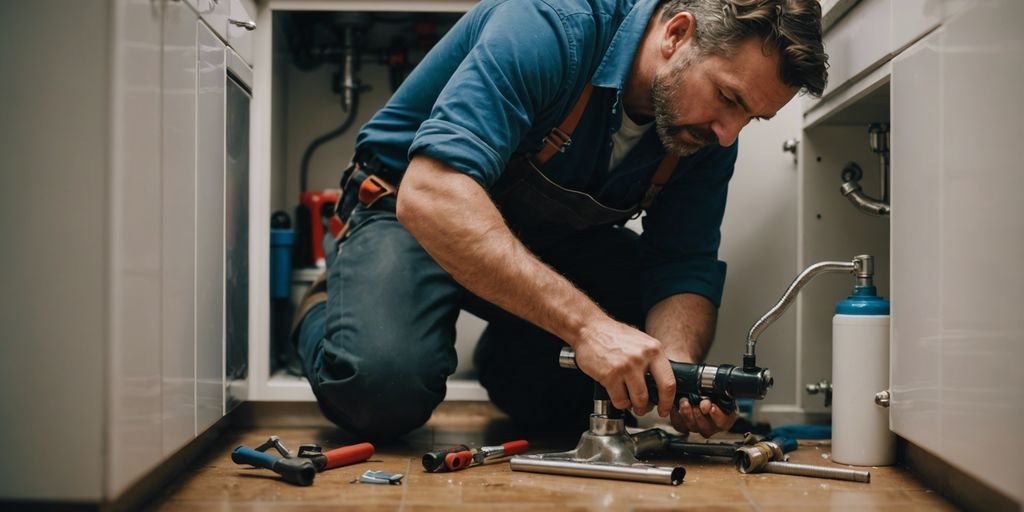 Plumber fixing a leaking pipe under a sink with tools scattered around, highlighting emergency plumbing tips.