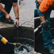 Split image of DIY sewer cleaning on one side and ACME professional on the other, highlighting when to call for help.