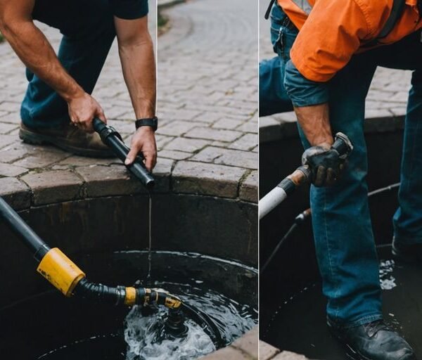 Split image of DIY sewer cleaning on one side and ACME professional on the other, highlighting when to call for help.