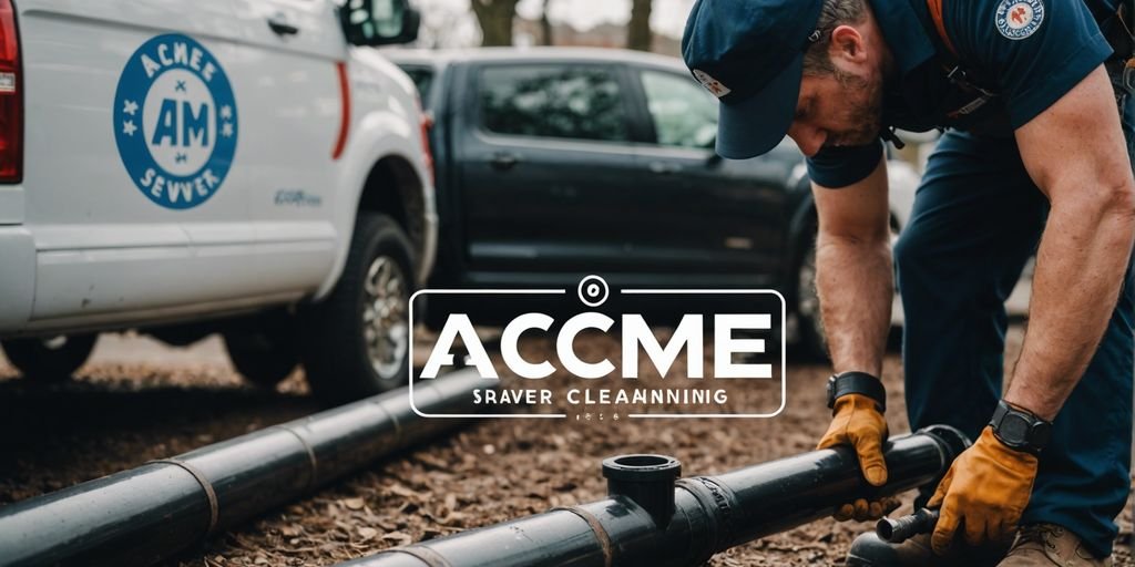 Plumber in uniform fixing a pipe with ACME Sewer & Drain Cleaning logo in the background, representing emergency plumbing services.