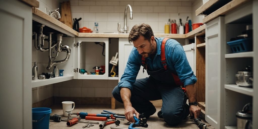 Plumber fixing a pipe under a sink with tools scattered, highlighting emergency plumbing repair tips from ACME Sewer & Drain Cleaning.