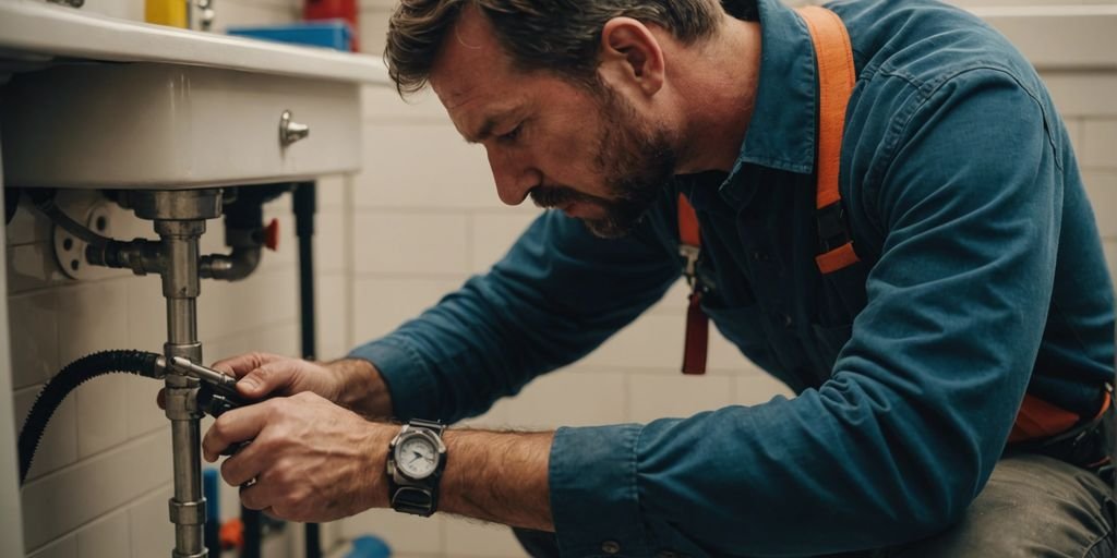 ACME plumber fixing a pipe with emergency tools, highlighting prompt and efficient emergency plumbing services.